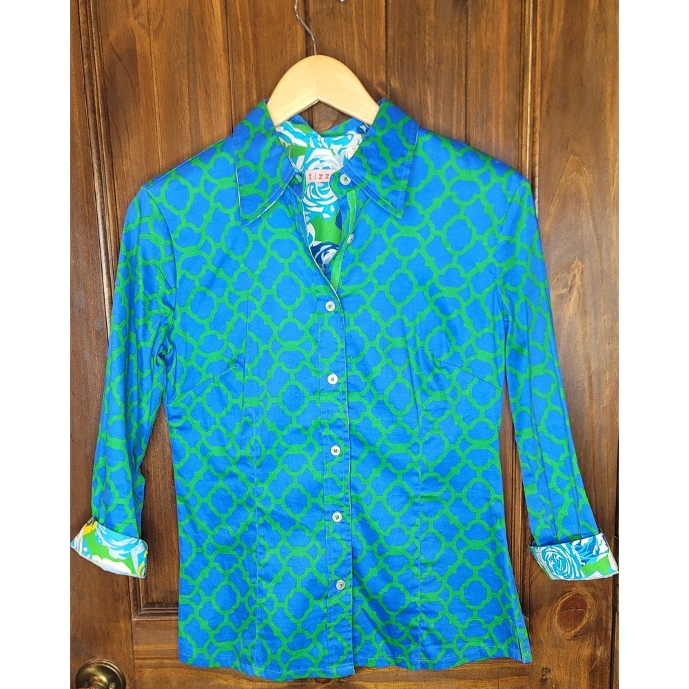 Tizzie Blue Green Print Button Down Shirt Stretch Cotton Small